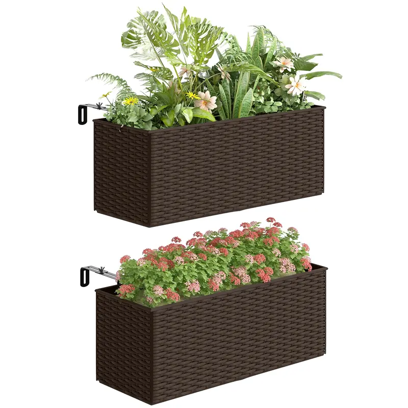 2 Pack 20" Railing Planter Boxes With Hooks And Drainage, Brown 1