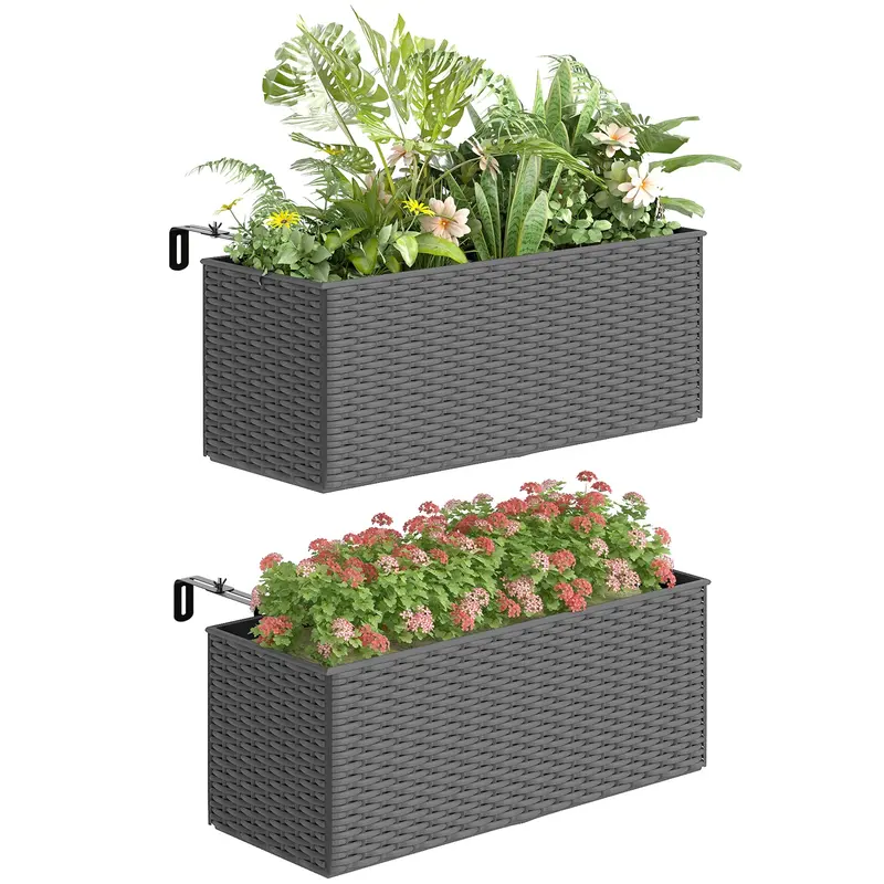2 Pack 20" Railing Planter Boxes With Hooks And Drainage, Grey 1