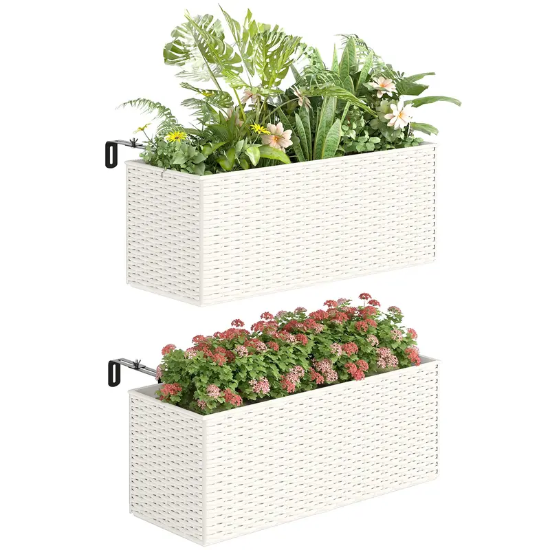 2 Pack 20" Railing Planter Boxes With Hooks And Drainage, White 1