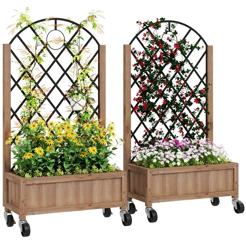 2 Pack Raised Garden Beds With Metal Trellis, Wheels And Drainage, Brown 1
