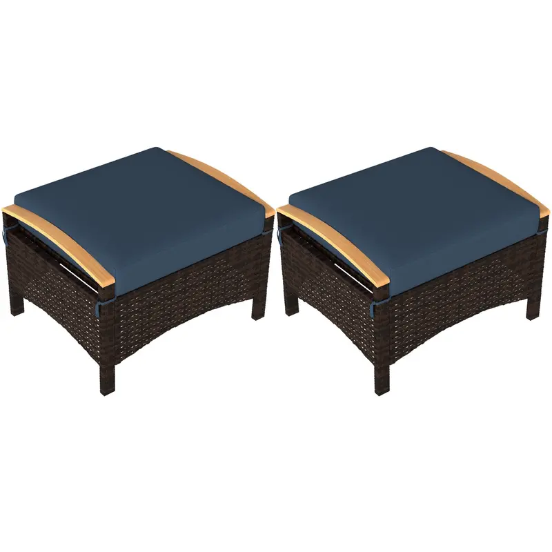 2 Pc Outdoor Wicker Ottomans & Footstools With Removable Cushion For Backyard, Navy Blue 1