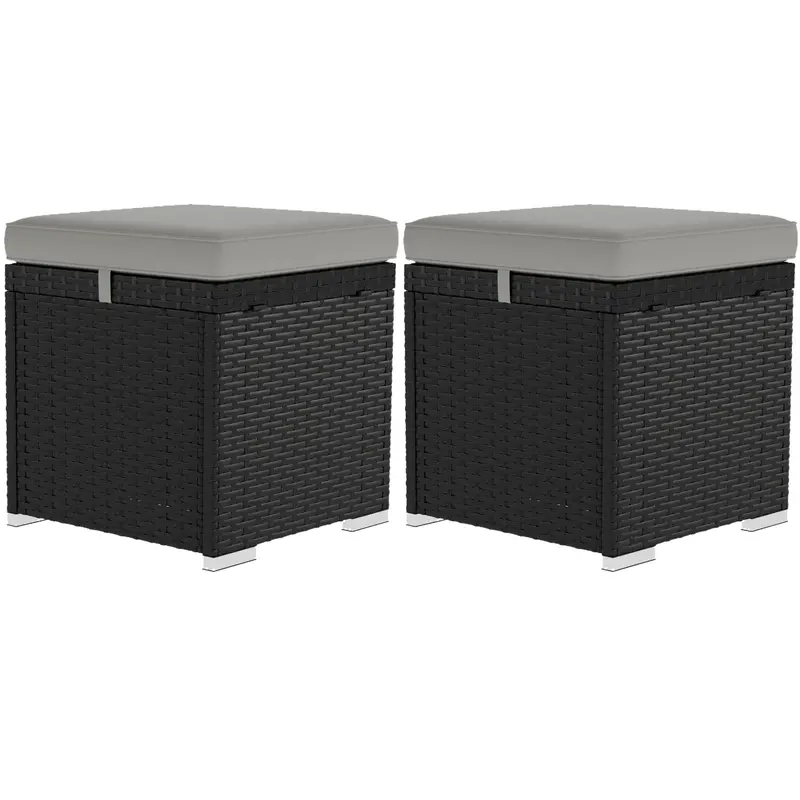2 Pc Wicker Outdoor Ottoman With Storage, Square Side Table With Removable Cushion, Light Grey 1