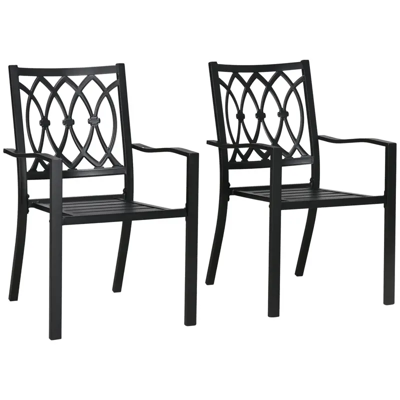 2 Pcs Outdoor Metal Dining Armchairs With Floral Patterns,Stackable Design, Black 1