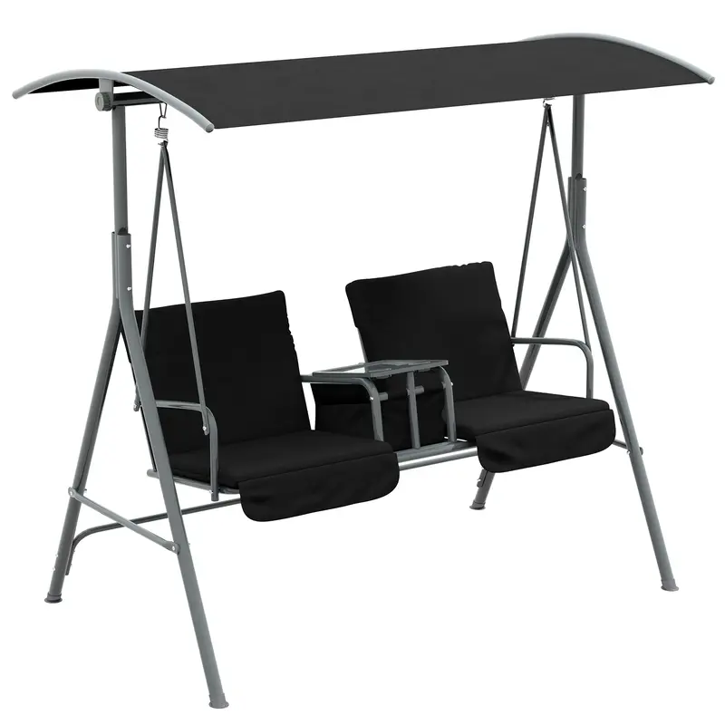 2 Person Porch Swing With Adjustable Canopy, Table And Storage Bag, Black 1