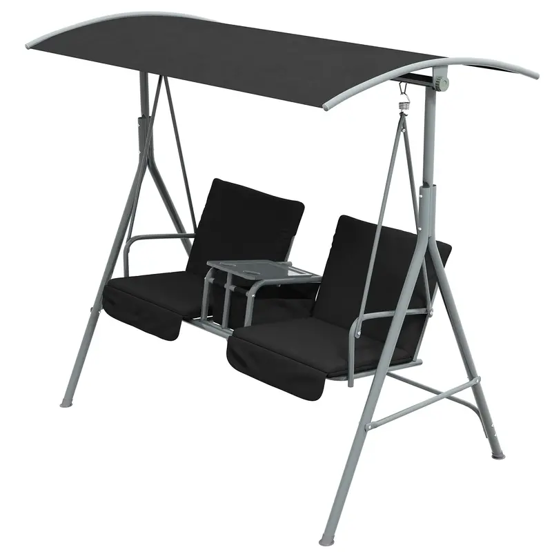 2 Person Porch Swing With Adjustable Canopy, Table And Storage Bag, Black 2