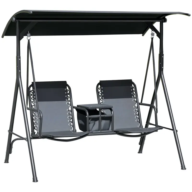 2 Person Porch Swing With Pivot Table, Cup Holder And Canopy, Black 1
