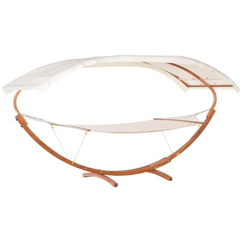 2 Person Wood Swing Arc Hammock Bed And Stand Set With Canopy, White/Teak 1
