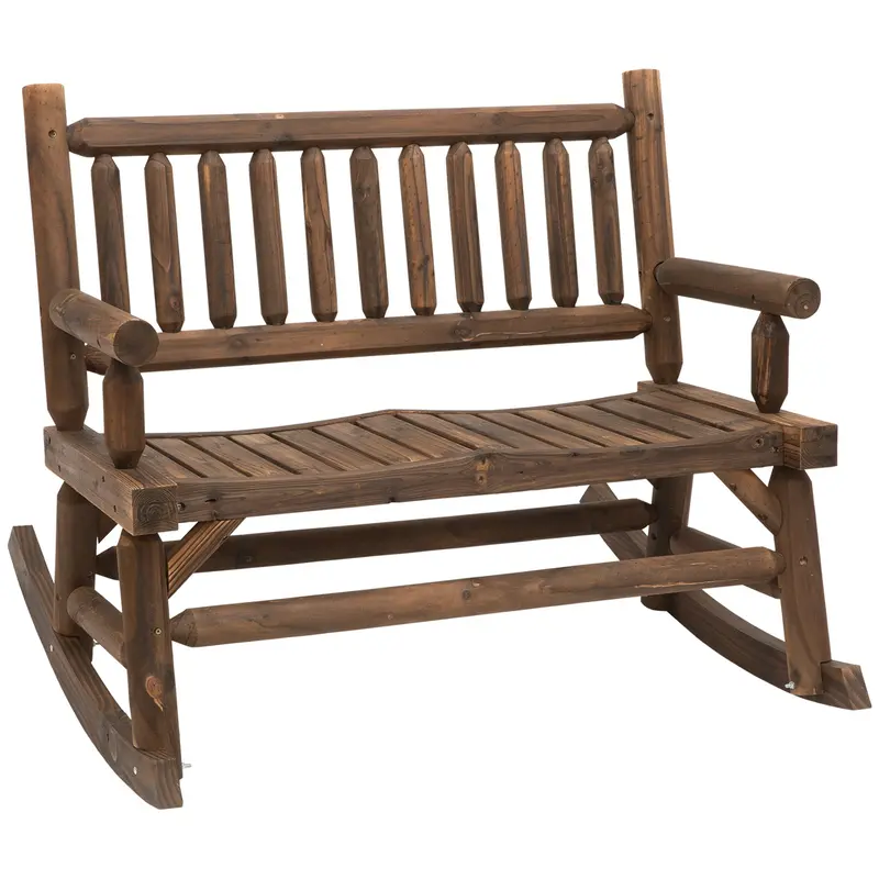 2-Person Wooden Patio Rocker, Porch Rocking Bench With Slat Back And Seat, Carbonized 1