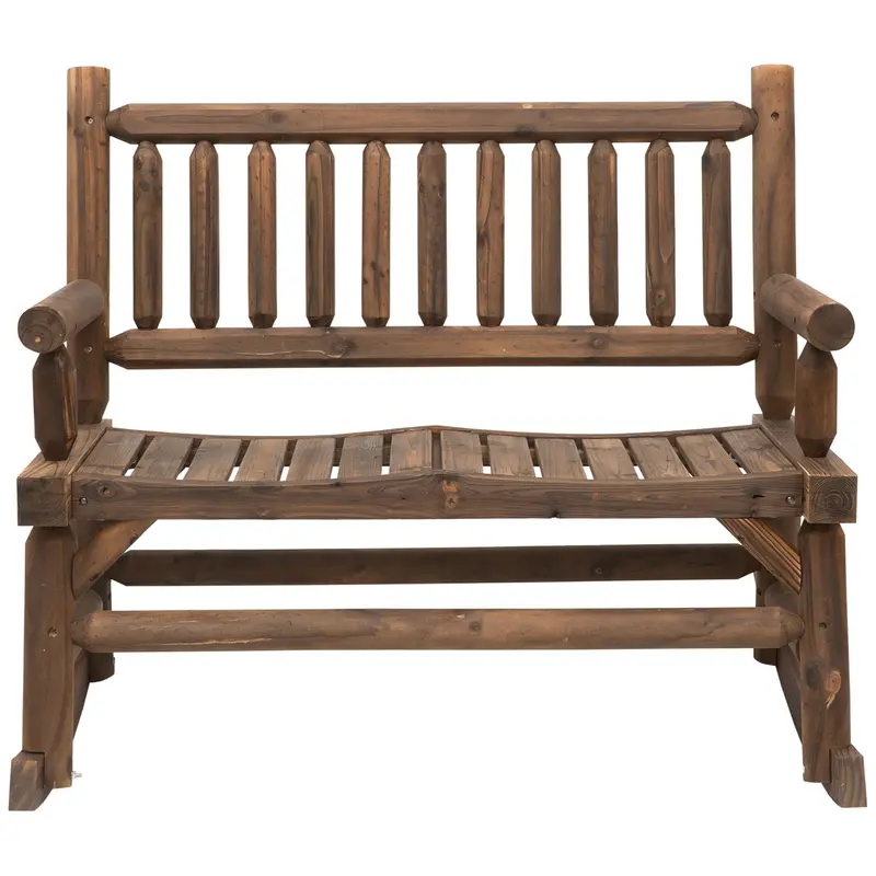 2-Person Wooden Patio Rocker, Porch Rocking Bench With Slat Back And Seat, Carbonized 2