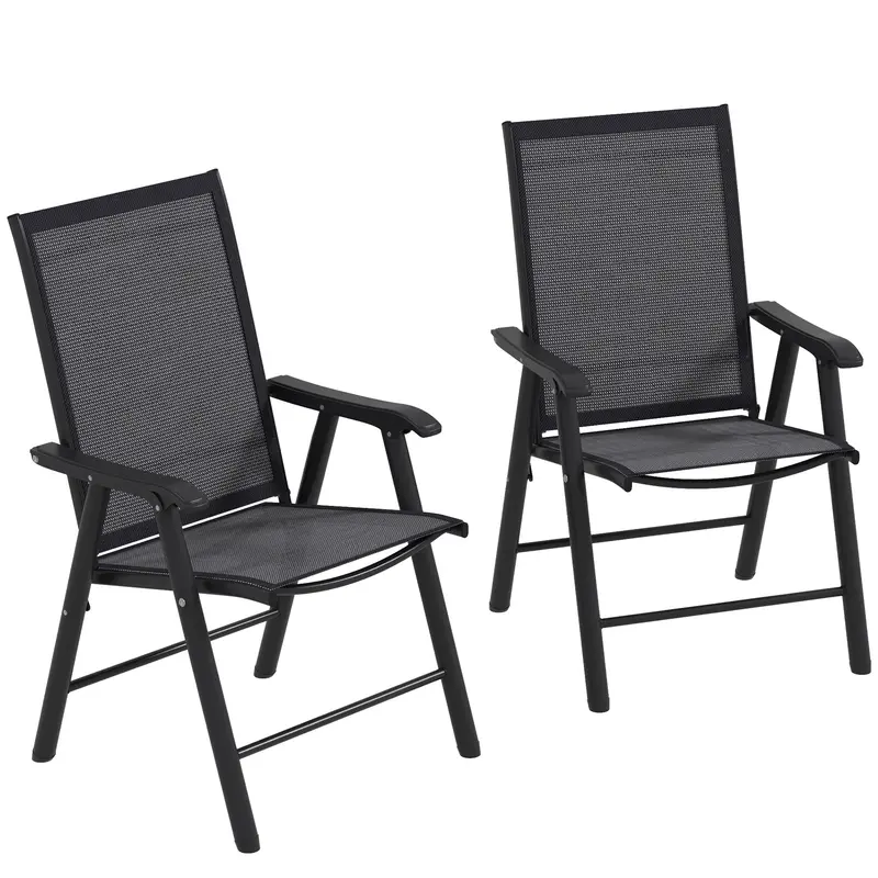 2-Piece Folding Chair Set, Outdoor Furniture Set With Mesh Fabric & Armrests, Dark Grey 1