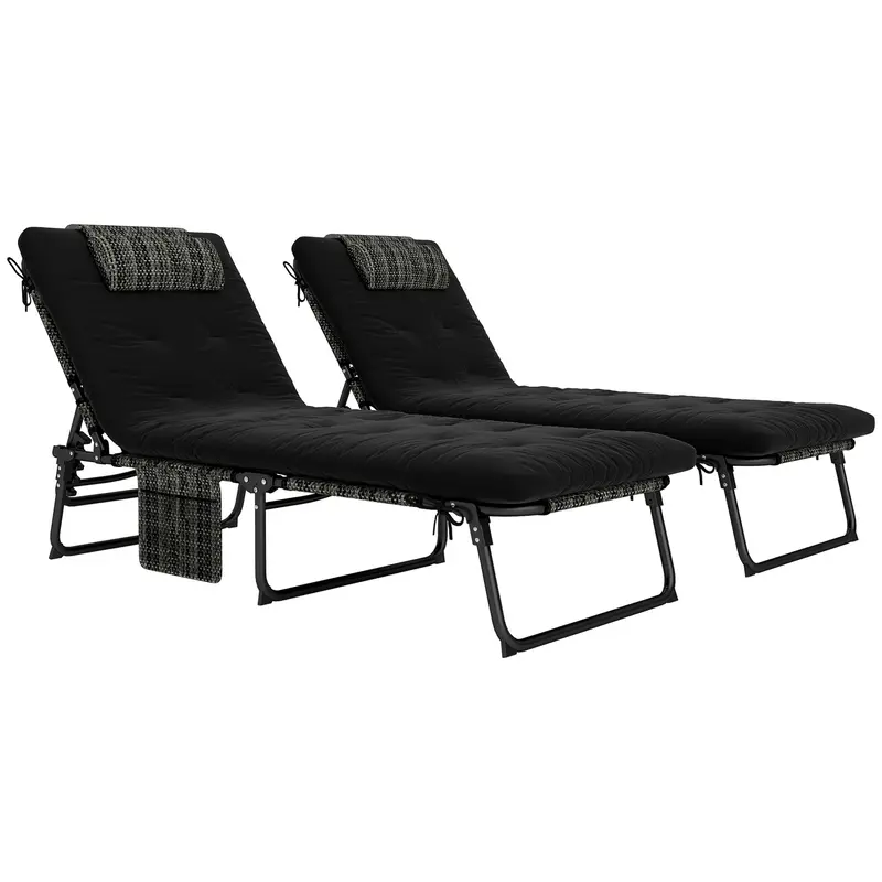 2-Piece Folding Lounge Chairs W/ Adjustable Backrest, Side Pocket & Headrest, Black 1