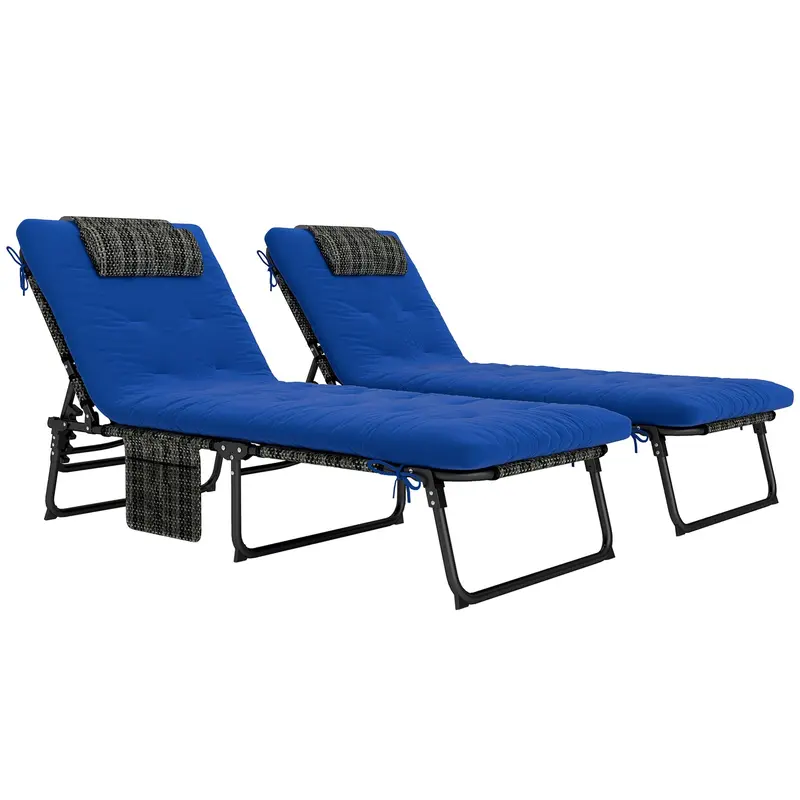 2-Piece Folding Lounge Chairs W/ Adjustable Backrest, Side Pocket & Headrest, Blue 1