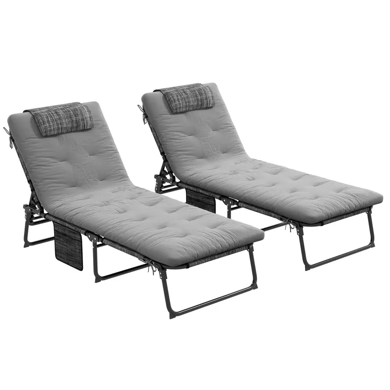2-Piece Folding Lounge Chairs W/ Adjustable Backrest, Side Pocket & Headrest, Grey 1