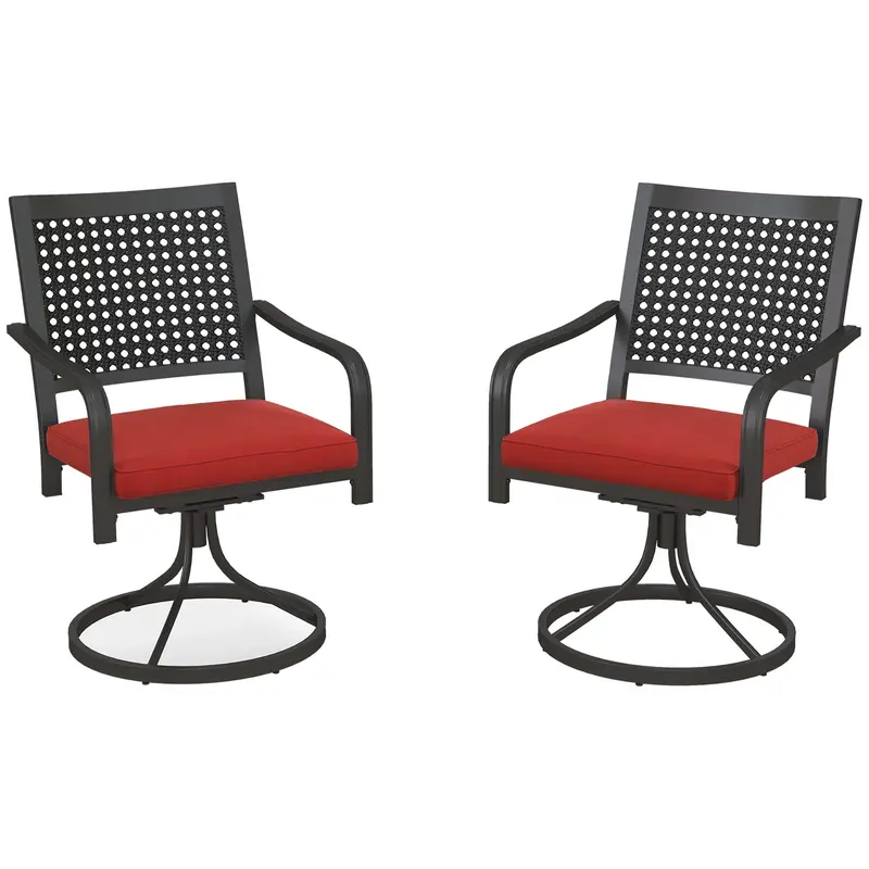 2-Piece Patio Swivel Chairs With Cushion, Outdoor Swivel Rocker With Curved Armrests, Red 1