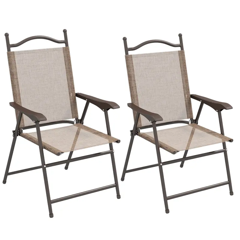2 Pieces Folding Patio Camping Chairs Set With Armrest & Mesh Fabric Seat For Porch, Brown 1