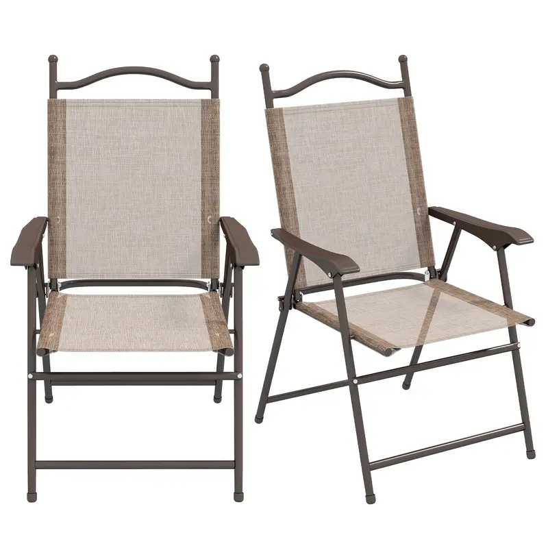 2 Pieces Folding Patio Camping Chairs Set With Armrest & Mesh Fabric Seat For Porch, Brown 2