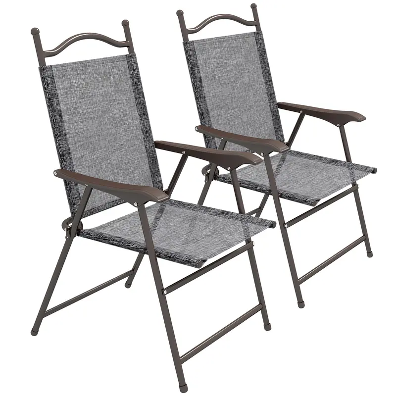 2 Pieces Folding Patio Camping Chairs Set With Armrest & Mesh Fabric Seat For Porch, Grey 1
