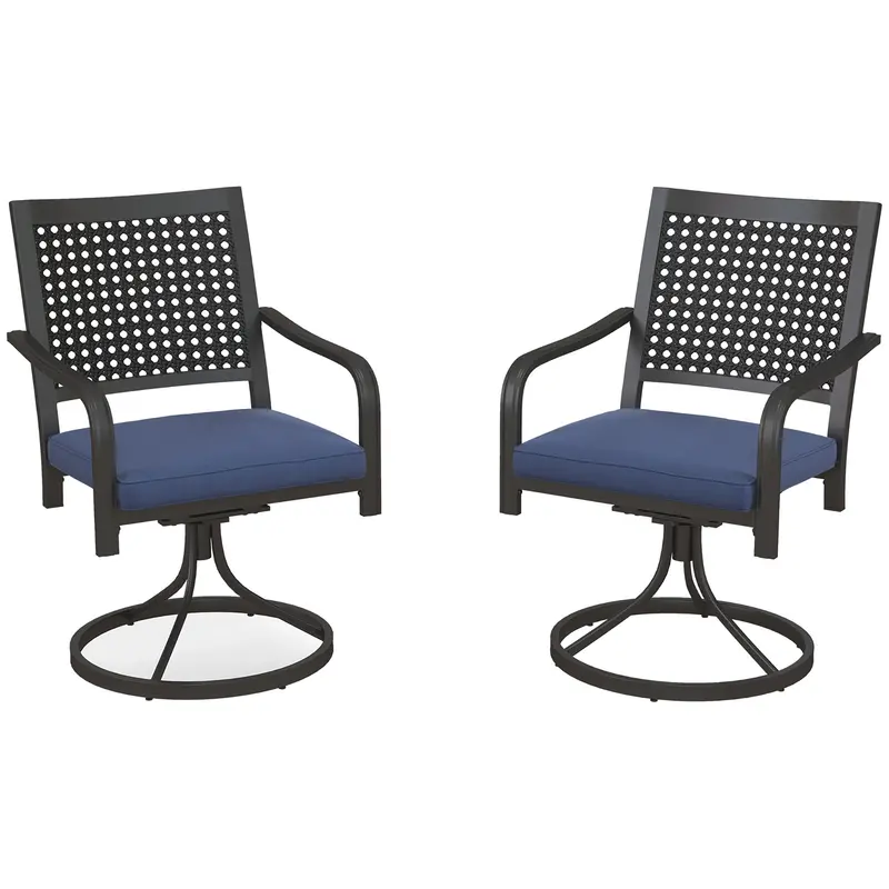 2 Pieces Patio Swivel Chairs With Cushion, Outdoor Rocker With Curved Armrests, Navy Blue 1