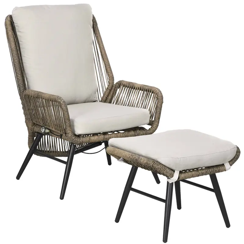 2 Pieces Pe Rattan Patio Leisure Chair Set With Adjustable Backrest & Cushion, Khaki 1