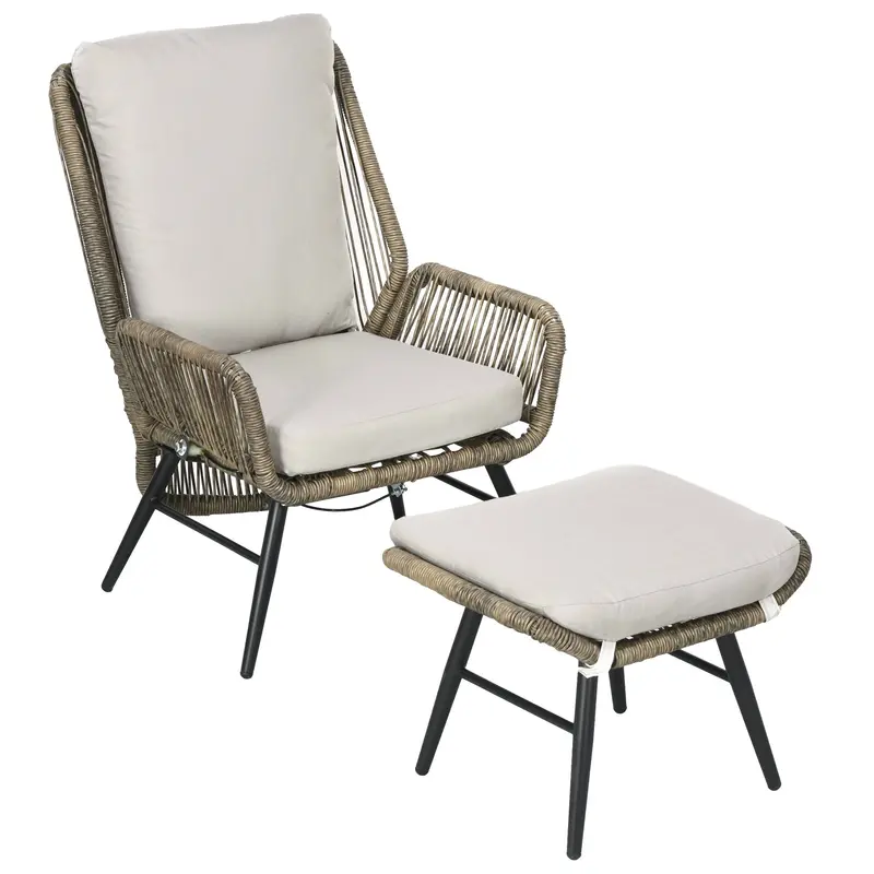 2 Pieces Pe Rattan Patio Leisure Chair Set With Adjustable Backrest & Cushion, Khaki 2