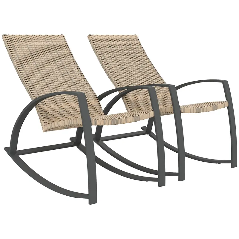 2 Pieces Wicker Patio Rocking Chair Set With High Back, Armrests For Garden, Khaki 1