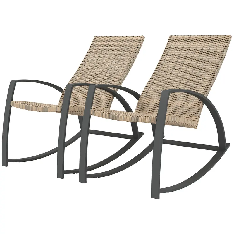 2 Pieces Wicker Patio Rocking Chair Set With High Back, Armrests For Garden, Khaki 2