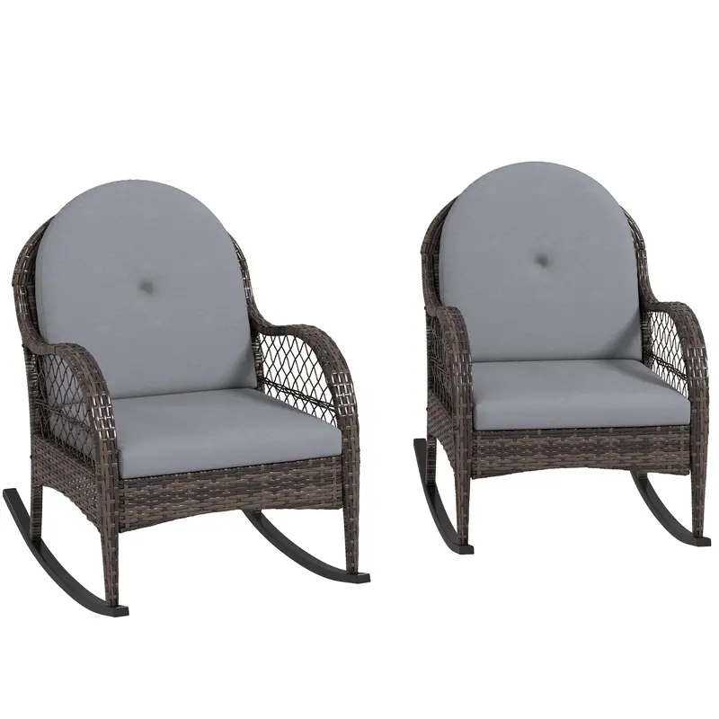 2 Pieces Wicker Rocking Patio Chair Set With Cushions & Armrests For Porch, Grey 1