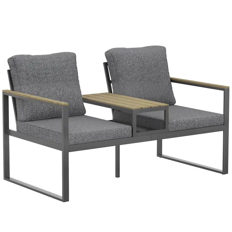 2-Seat Outdoor Garden Bench With Center Table And Thick Cushions, Light Grey 1