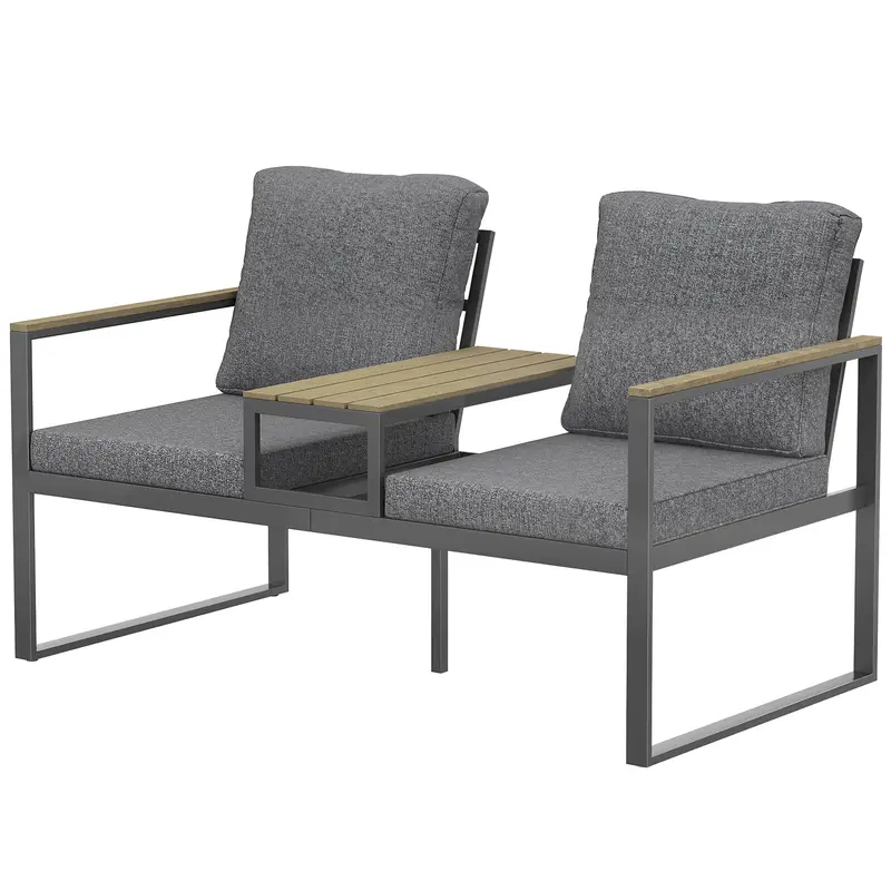 2-Seat Outdoor Garden Bench With Center Table And Thick Cushions, Light Grey 2
