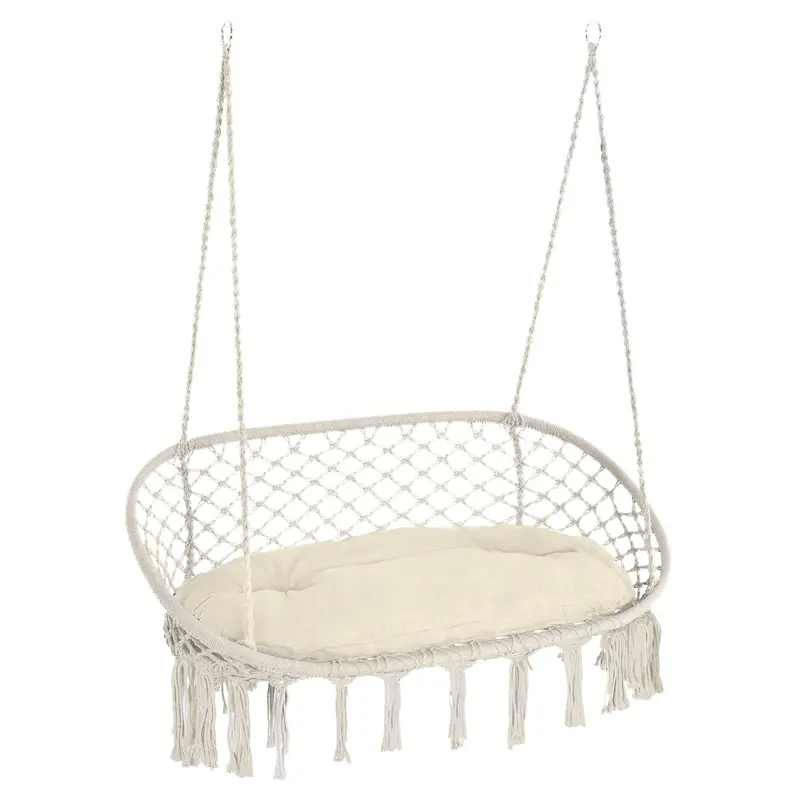 2-Seat Patio Hammock Macrame Chair, Hanging Rope Swing Chair W/ Cushion, Cream White 1