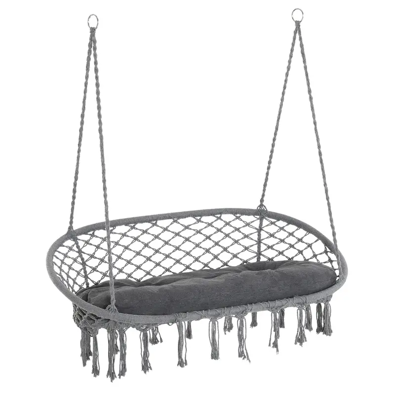 2-Seat Patio Hammock Macrame Chair, Hanging Rope Swing Chair W/ Cushion, Dark Grey 1