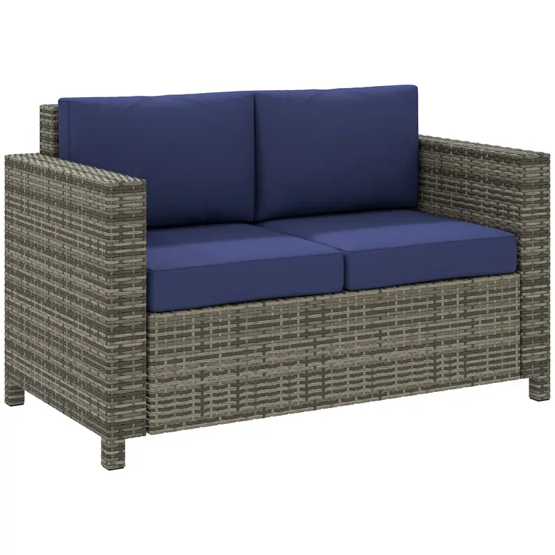 2 Seat Patio Loveseat Wicker Sofa Chair With Cushion, Dark Blue 1