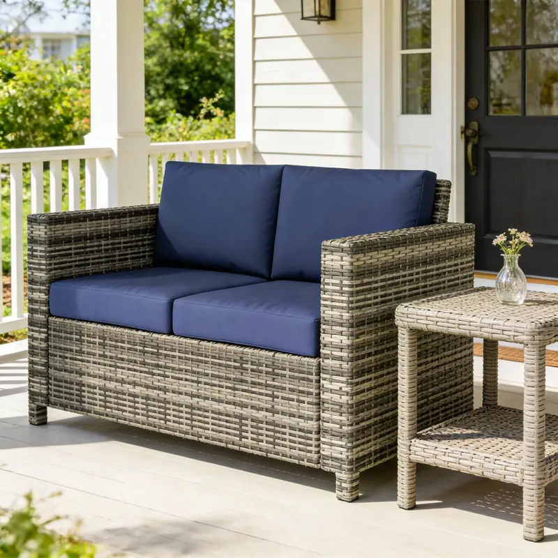 2 Seat Patio Loveseat Wicker Sofa Chair With Cushion, Dark Blue 2