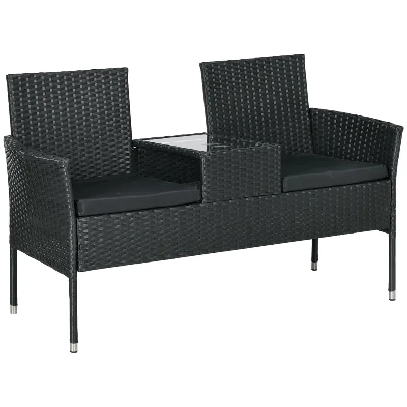 2-Seat Pe Rattan Loveseat And Tempered Glass Tea Table Set For Garden, Black 1