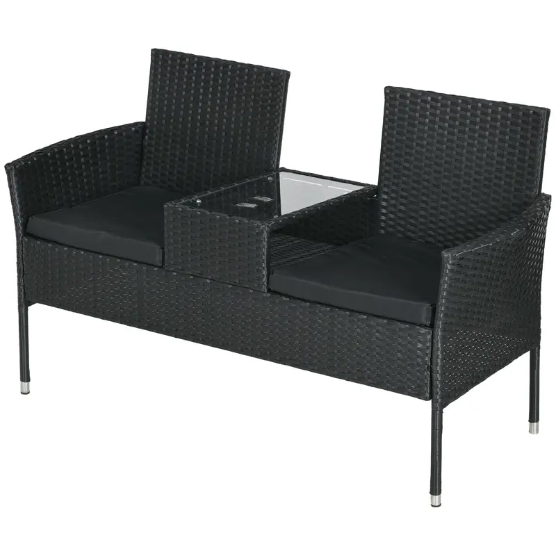 2-Seat Pe Rattan Loveseat And Tempered Glass Tea Table Set For Garden, Black 2
