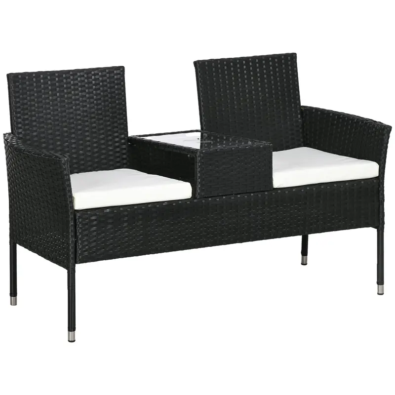 2-Seat Pe Rattan Loveseat And Tempered Glass Tea Table Set For Garden, Cream White 1