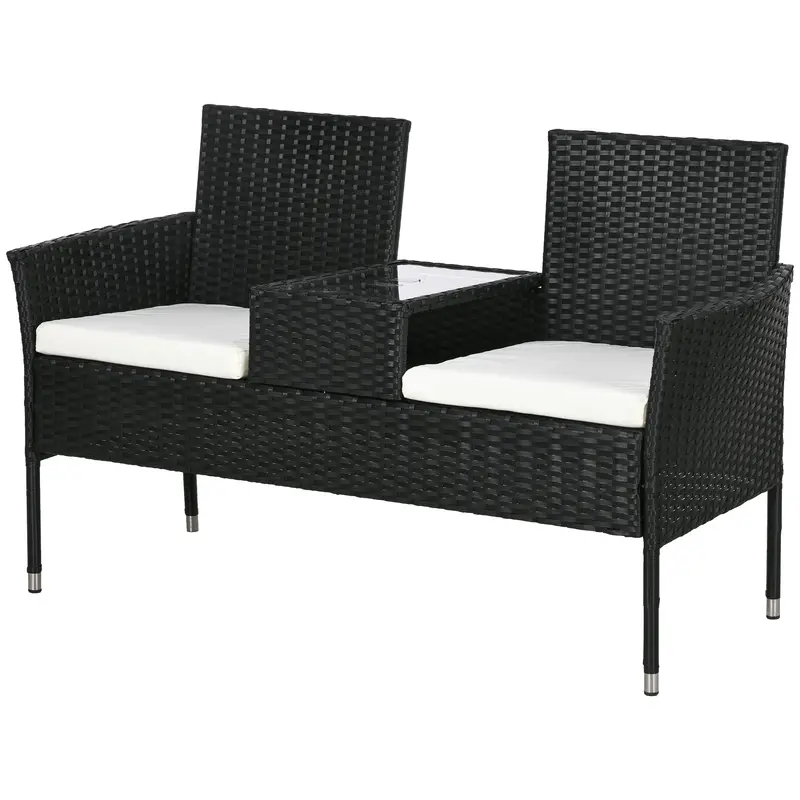 2-Seat Pe Rattan Loveseat And Tempered Glass Tea Table Set For Garden, Cream White 2