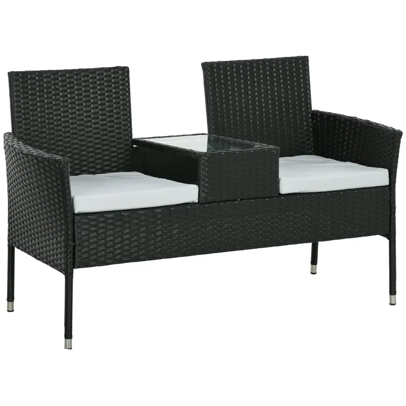 2-Seat Pe Rattan Loveseat And Tempered Glass Tea Table Set For Garden, Light Grey 1
