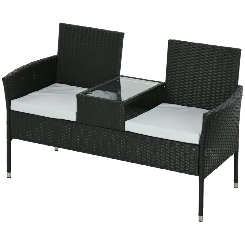 2-Seat Pe Rattan Loveseat And Tempered Glass Tea Table Set For Garden, Light Grey 2