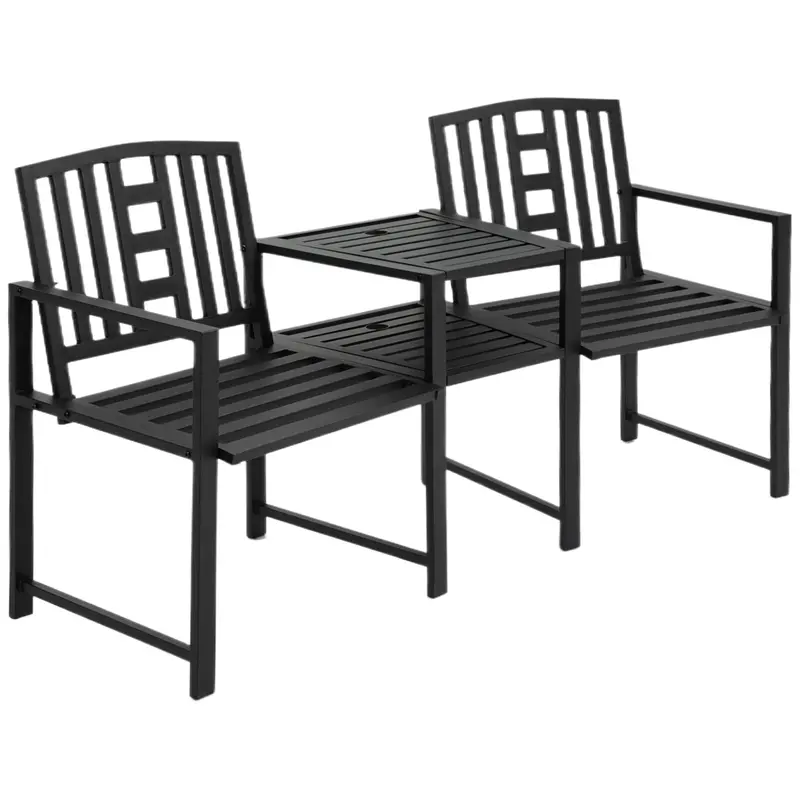 2-Seater Metal Garden Bench With Middle Table, Umbrella Hole, Slatted Seat, Black 1