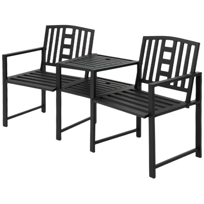 2-Seater Metal Garden Bench With Middle Table, Umbrella Hole, Slatted Seat, Black 2