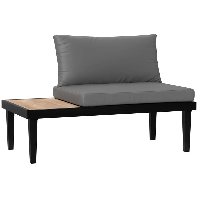 2 Seater Outdoor Patio Sofa Couch With Wood Grain Side Tray And Cushions, Grey 1