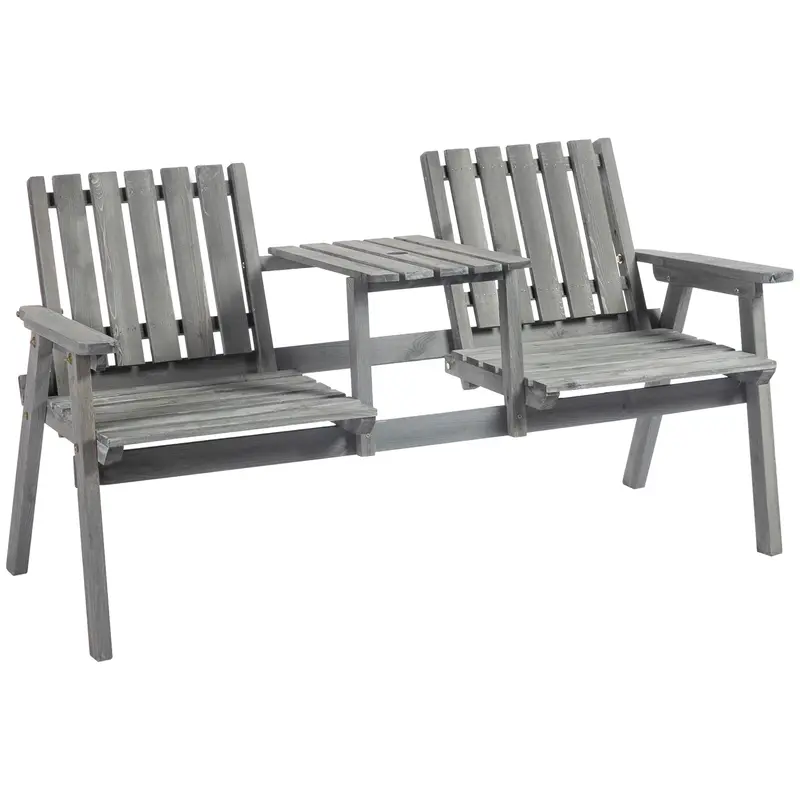 2-Seater Outdoor Wooden Bench With Middle Table & Parasol Hole, Patio Loveseat, Grey 1