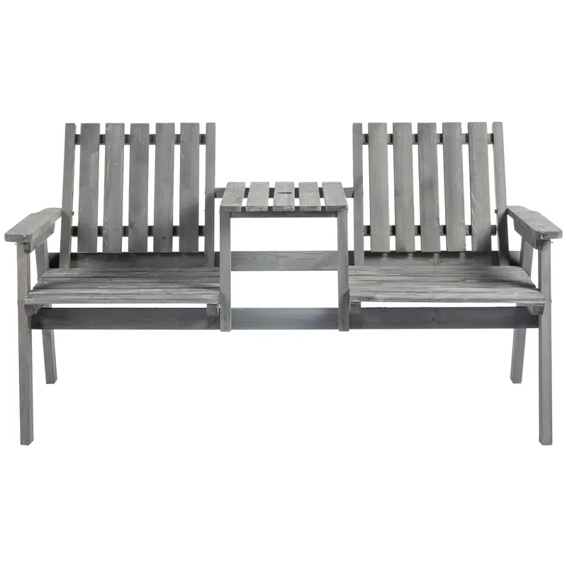 2-Seater Outdoor Wooden Bench With Middle Table & Parasol Hole, Patio Loveseat, Grey 2