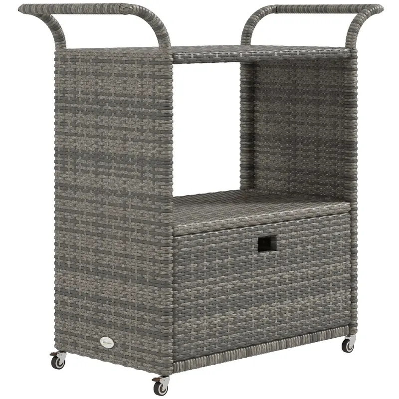 2-Tier Pe Wicker Garden Serving Cart, Outdoor Wheeled Cart With Drawer & Handles, Grey 1