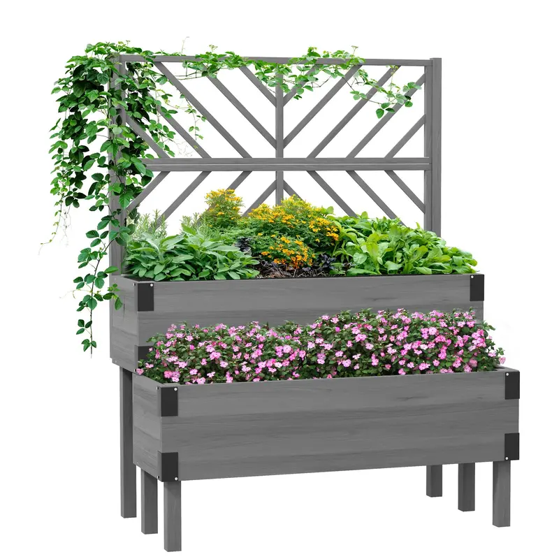 2-Tier Raised Garden Bed With Trellis & Metal Corners, Grey 1