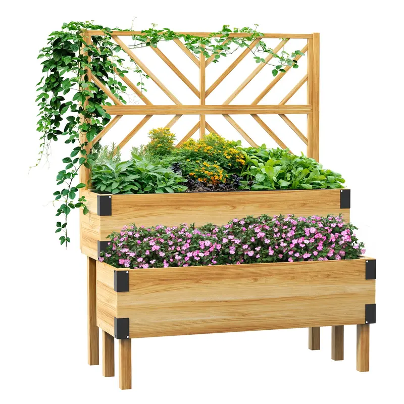2-Tier Raised Garden Bed With Trellis & Metal Corners, Natural Wood 1