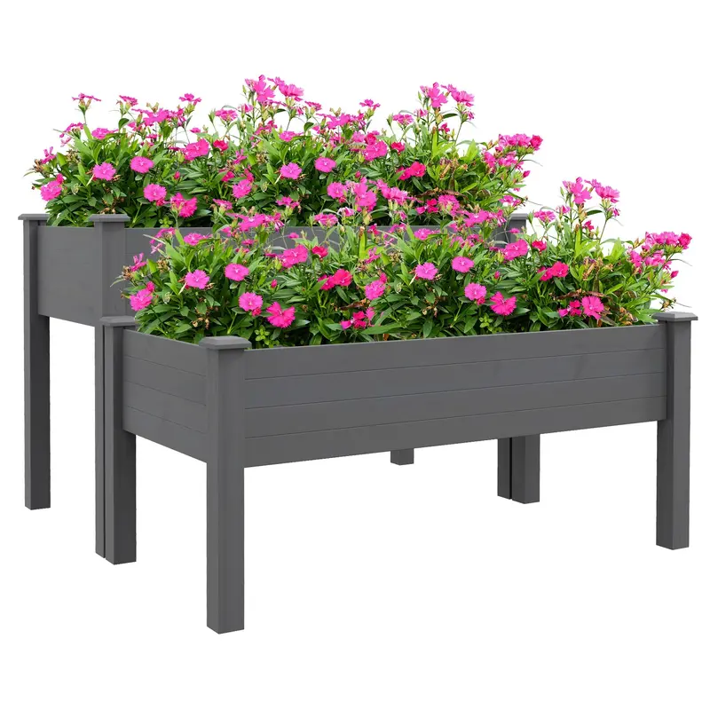 2-Tier Wooden Raised Garden Bed With 2 Compartments, Grey 1