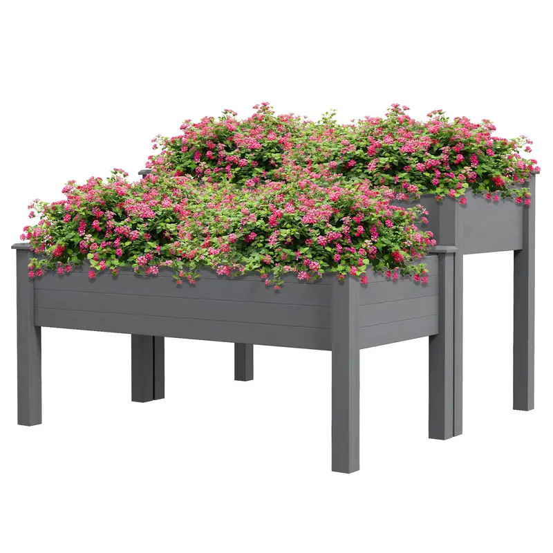2-Tier Wooden Raised Garden Bed With 2 Compartments, Grey 2