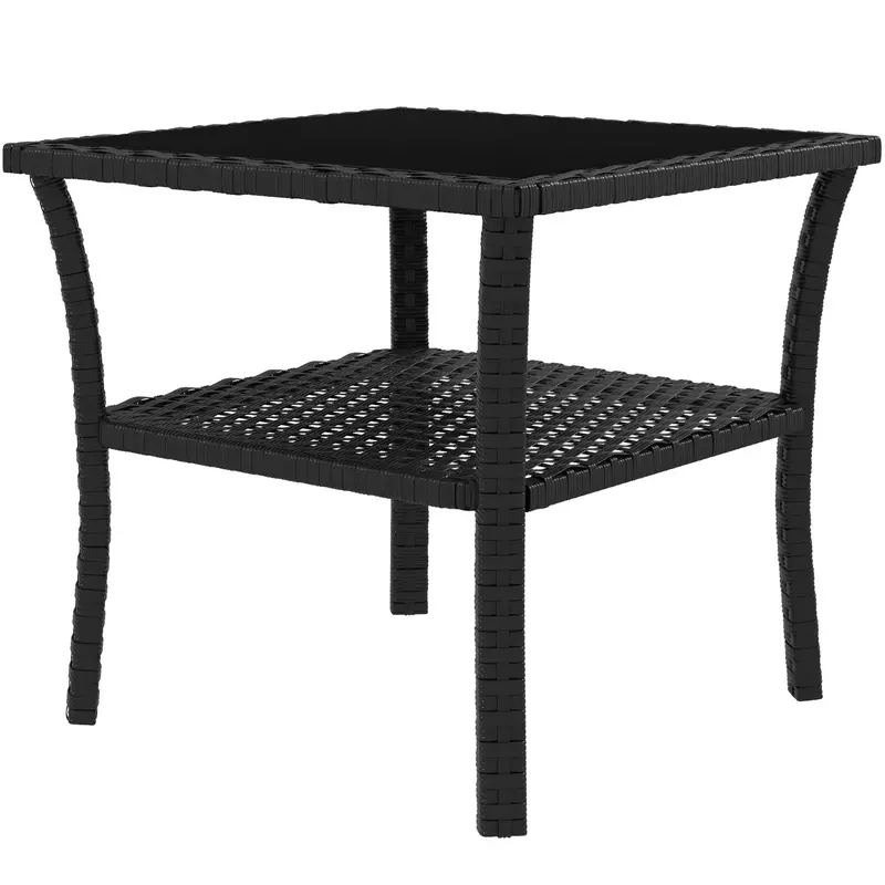 20" Patio Wicker Coffee Table, 2-Tier Outdoor Pe Rattan Side Table With Glass Top, Black 1